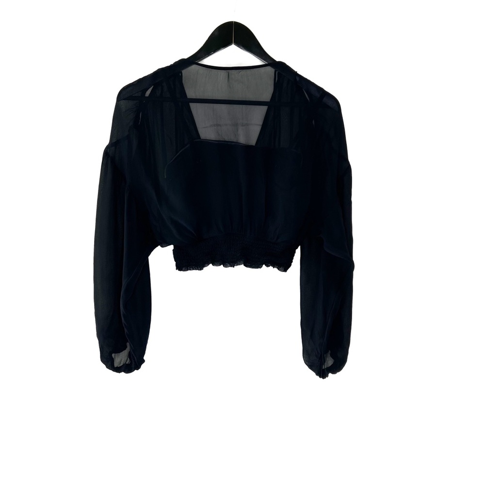 Anthropologie Blouse Cropped Top Sheer Balloon Sleeve Black OB1542695 - Picture 7 of 7